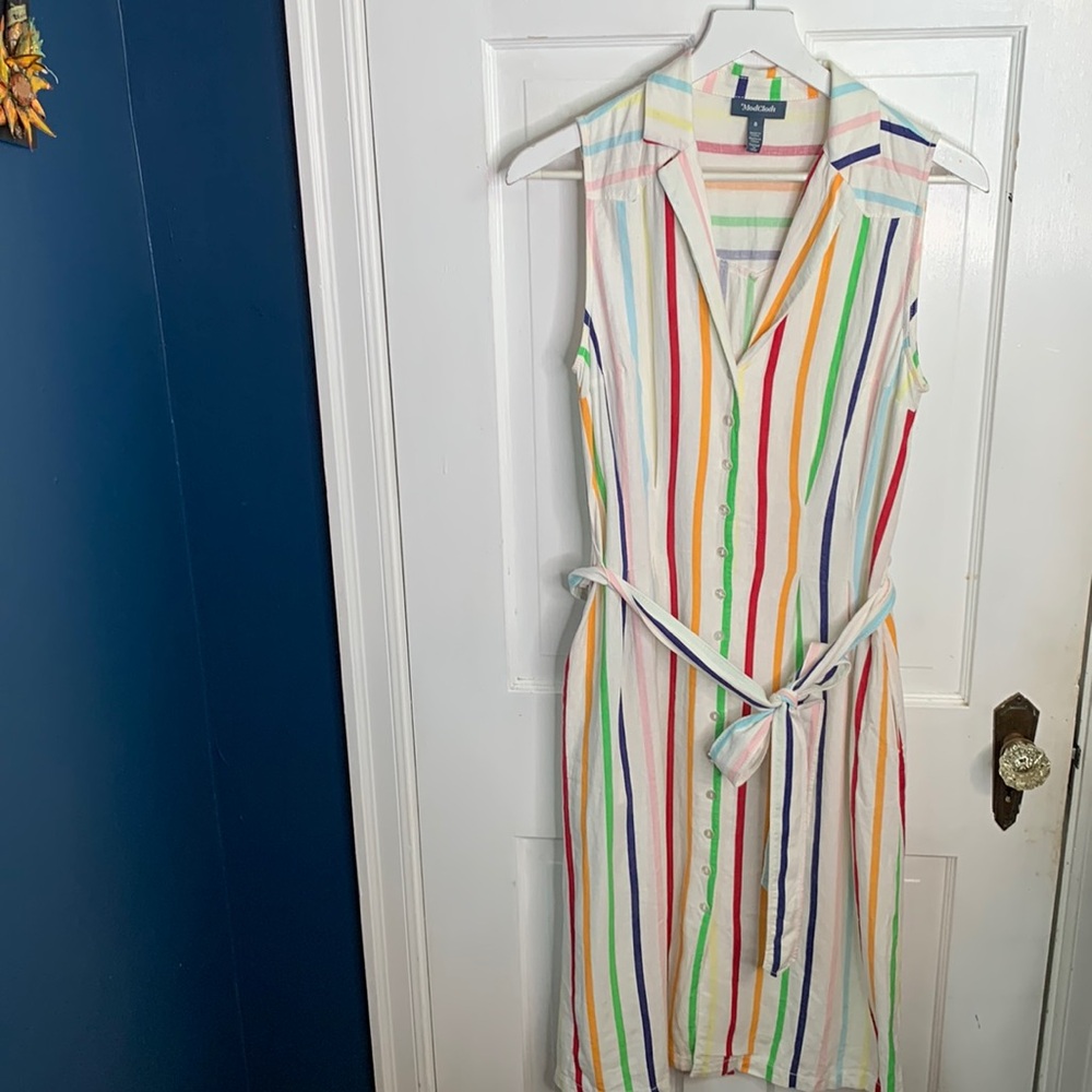 Modcloth Rainbow Striped Linen Sleeveless Dress Shirtdress W/Pockets Sz 8